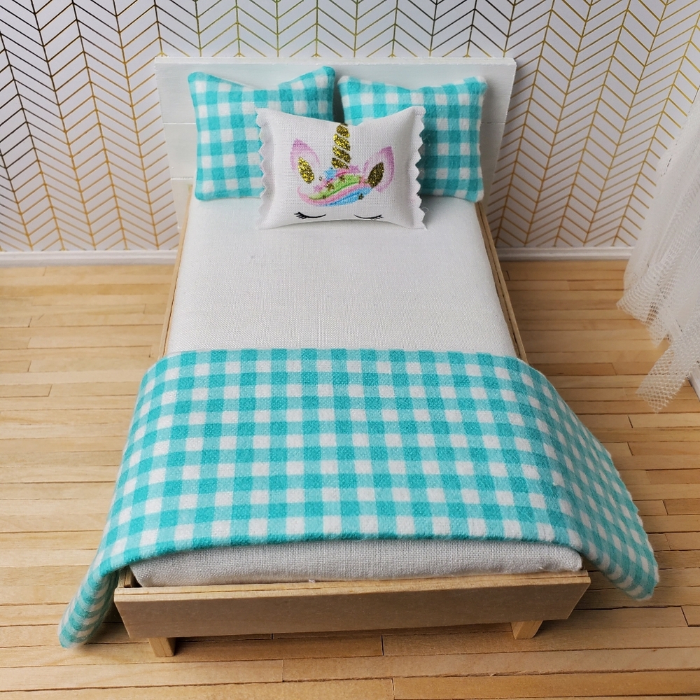 Miniature Dollhouse Turquoise Checkered Throw Blanket Pillow 1:12 Scale Maileg